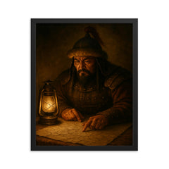 Subutai studying campaign routes under lamplight framed print on a plain backdrop in size 16"x20".