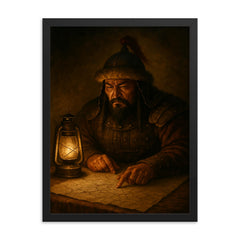 Subutai studying campaign routes under lamplight framed print on a plain backdrop in size 18"x24".