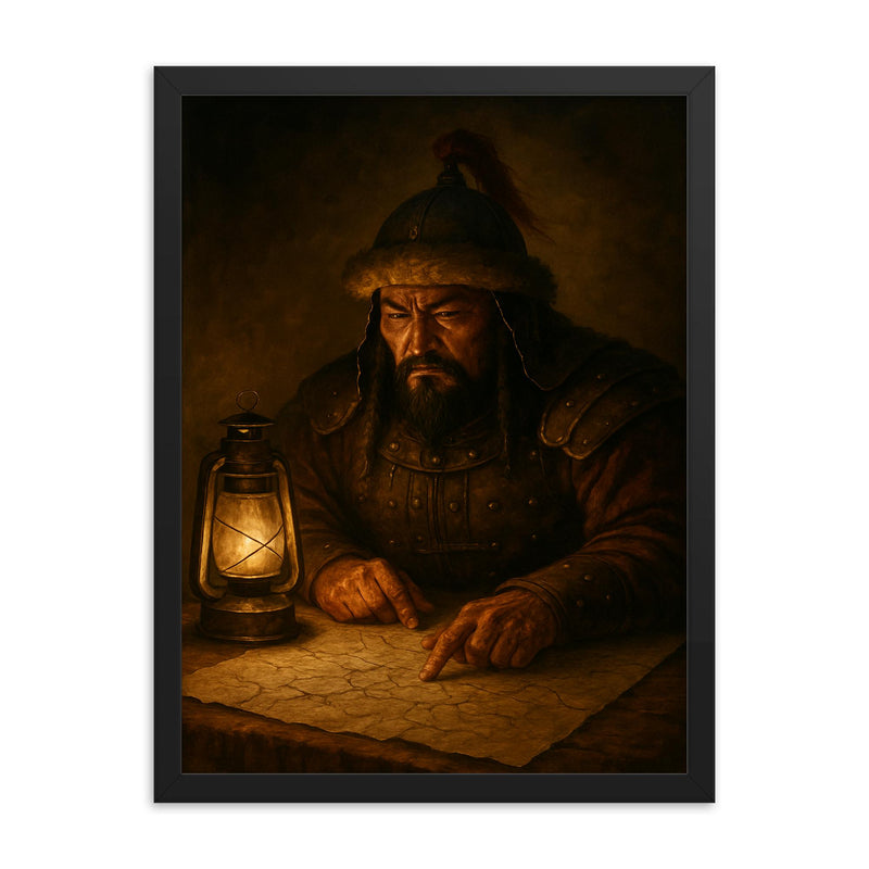 Subutai studying campaign routes under lamplight framed print on a plain backdrop in size 18