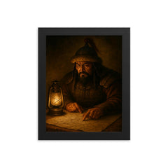 Subutai studying campaign routes under lamplight framed print on a plain backdrop in size 8"x10".