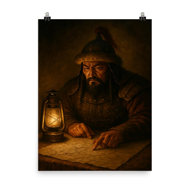 Subutai studying campaign routes under lamplight poster on a plain backdrop in size 8