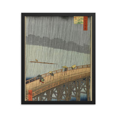 Sudden Shower over Shin-Ohashi Bridge  Hiroshige 1857 framed print on a plain backdrop in size 16"x20".