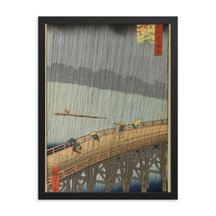 Sudden Shower over Shin-Ohashi Bridge  Hiroshige 1857 framed print on a plain backdrop in size 18"x24".