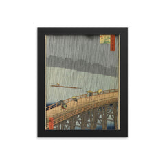 Sudden Shower over Shin-Ohashi Bridge  Hiroshige 1857 framed print on a plain backdrop in size 8"x10".