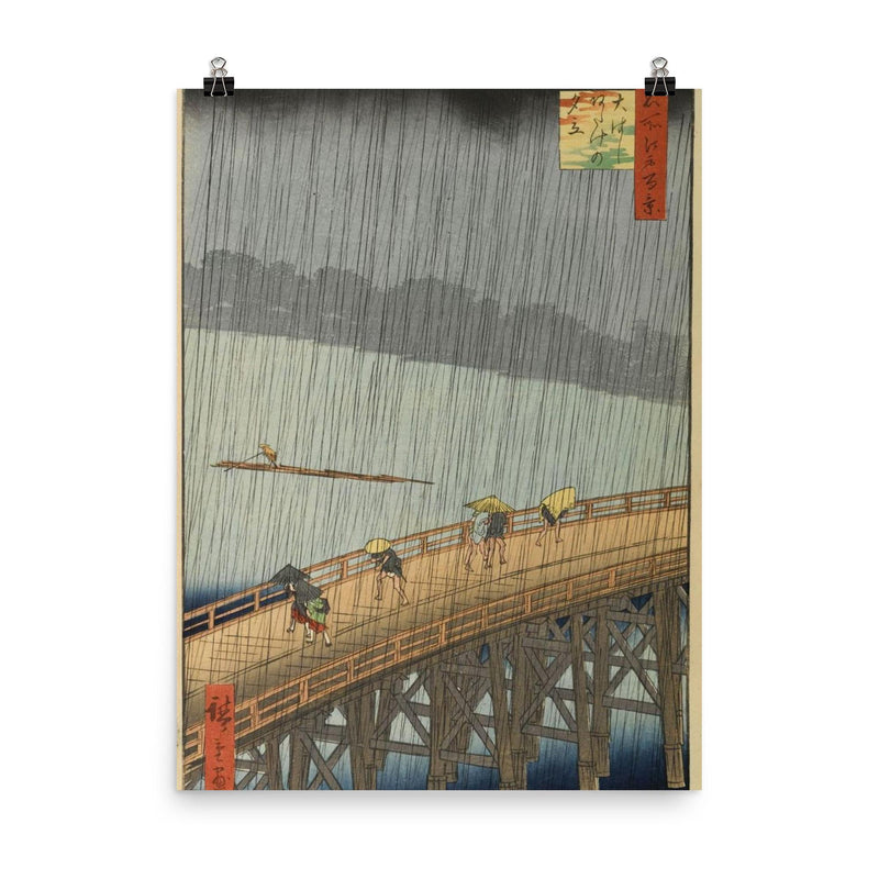 Sudden Shower over Shin-Ohashi Bridge  Hiroshige 1857 poster on a plain backdrop in size 8