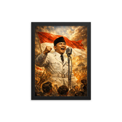 Sukarno proclaiming Indonesian independence at microphone framed print on a plain backdrop in size 12"x16".