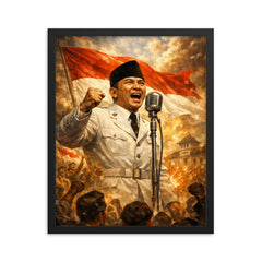 Sukarno proclaiming Indonesian independence at microphone framed print on a plain backdrop in size 16"x20".