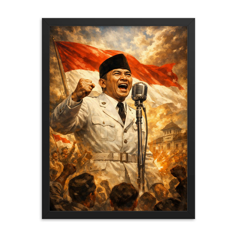 Sukarno proclaiming Indonesian independence at microphone framed print on a plain backdrop in size 18