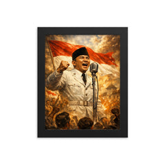 Sukarno proclaiming Indonesian independence at microphone framed print on a plain backdrop in size 8"x10".