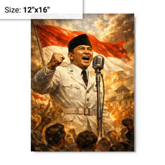 Sukarno proclaiming Indonesian independence at microphone metal print on a plain backdrop in size 12"x16".