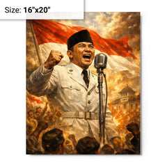 Sukarno proclaiming Indonesian independence at microphone metal print on a plain backdrop in size 16"x20".