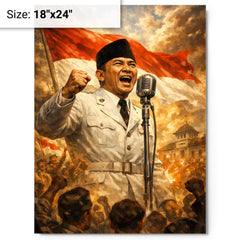 Sukarno proclaiming Indonesian independence at microphone metal print on a plain backdrop in size 18"x24".