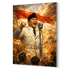Sukarno proclaiming Indonesian independence at microphone metal print mockup