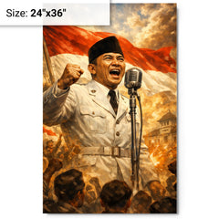 Sukarno proclaiming Indonesian independence at microphone metal print on a plain backdrop in size 24"x36".