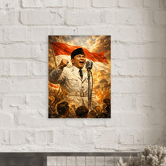 Sukarno proclaiming Indonesian independence at microphone metal print mockup