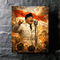Sukarno proclaiming Indonesian independence at microphone metal print mockup