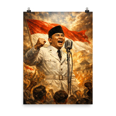 Sukarno proclaiming Indonesian independence at microphone poster on a plain backdrop in size 8"x10".