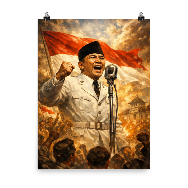 Sukarno proclaiming Indonesian independence at microphone poster on a plain backdrop in size 8