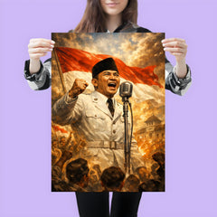Sukarno proclaiming Indonesian independence at microphone poster 3