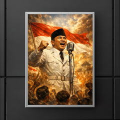 Sukarno proclaiming Indonesian independence at microphone poster 5