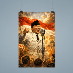 Sukarno proclaiming Indonesian independence at microphone poster 9