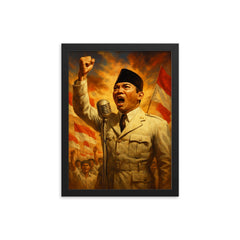 Sukarno proclaiming Indonesian independence framed print on a plain backdrop in size 12"x16".