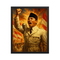 Sukarno proclaiming Indonesian independence framed print on a plain backdrop in size 16"x20".
