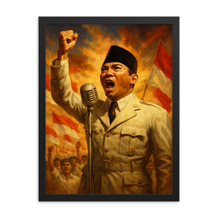 Sukarno proclaiming Indonesian independence framed print on a plain backdrop in size 18"x24".