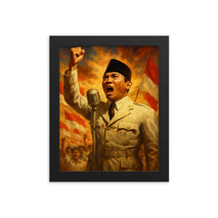 Sukarno proclaiming Indonesian independence framed print on a plain backdrop in size 8"x10".