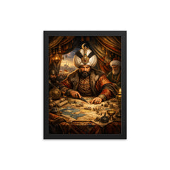 Suleiman the Magnificent in campaign tent maps framed print on a plain backdrop in size 12"x16".