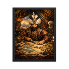 Suleiman the Magnificent in campaign tent maps framed print on a plain backdrop in size 16"x20".