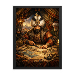 Suleiman the Magnificent in campaign tent maps framed print on a plain backdrop in size 18"x24".
