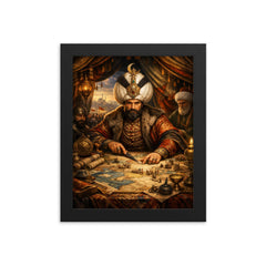 Suleiman the Magnificent in campaign tent maps framed print on a plain backdrop in size 8"x10".