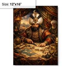 Suleiman the Magnificent in campaign tent maps metal print on a plain backdrop in size 12"x16".