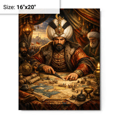 Suleiman the Magnificent in campaign tent maps metal print on a plain backdrop in size 16"x20".