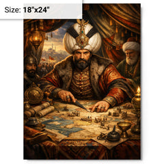 Suleiman the Magnificent in campaign tent maps metal print on a plain backdrop in size 18"x24".