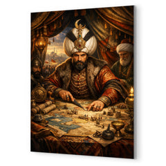 Suleiman the Magnificent in campaign tent maps metal print mockup