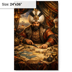 Suleiman the Magnificent in campaign tent maps metal print on a plain backdrop in size 24"x36".