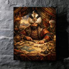 Suleiman the Magnificent in campaign tent maps metal print mockup