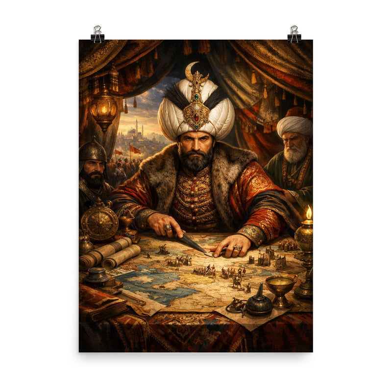 Suleiman the Magnificent in campaign tent maps poster on a plain backdrop in size 8
