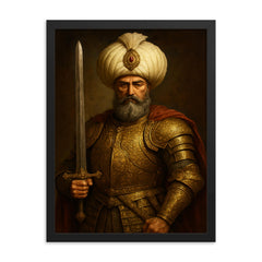 Suleiman the Magnificent in imperial armor framed print on a plain backdrop in size 18"x24".