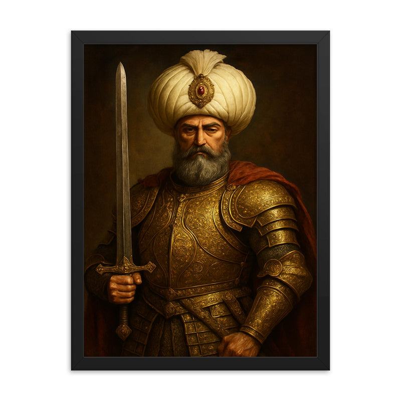 Suleiman the Magnificent in imperial armor framed print on a plain backdrop in size 18