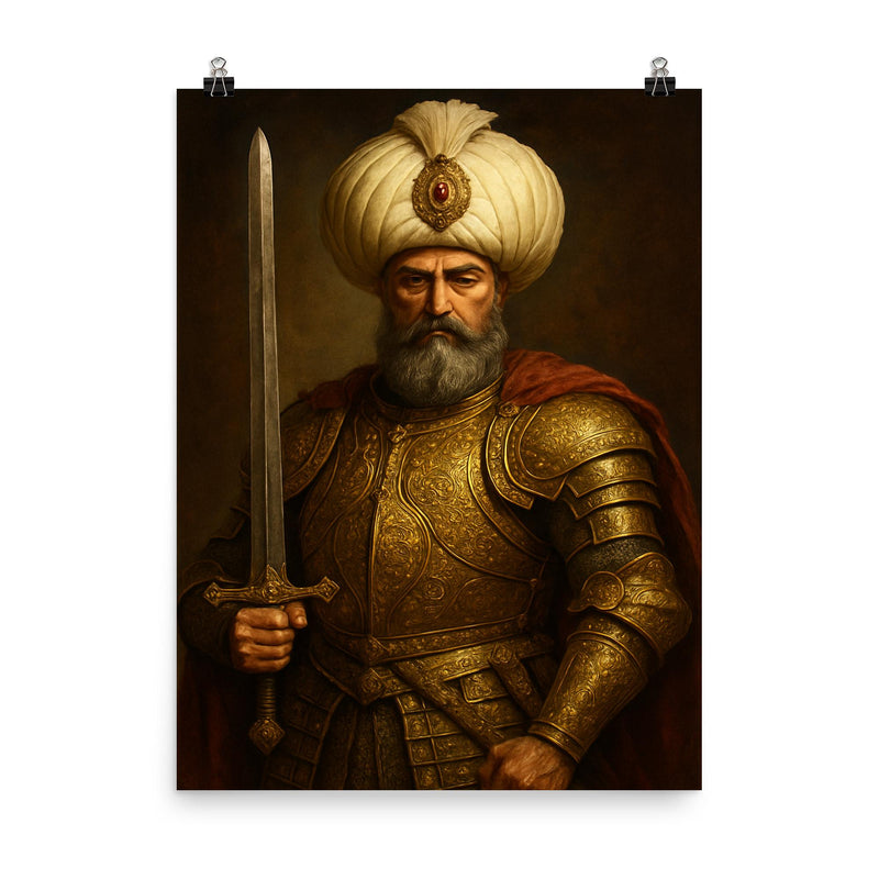 Suleiman the Magnificent in imperial armor poster on a plain backdrop in size 8