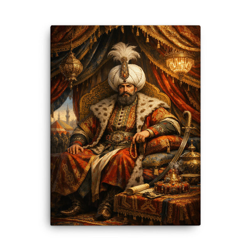 Suleiman the Magnificent in imperial tent canvas print on a plain backdrop in size 18