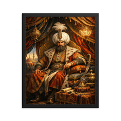 Suleiman the Magnificent in imperial tent framed print on a plain backdrop in size 16"x20".