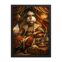 Suleiman the Magnificent in imperial tent framed print on a plain backdrop in size 18"x24".