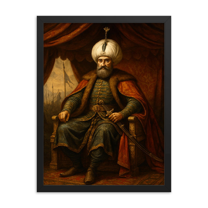 Suleiman the Magnificent in imperial war tent framed print on a plain backdrop in size 18