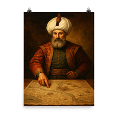 Suleiman the Magnificent over siege maps poster on a plain backdrop in size 8"x10".