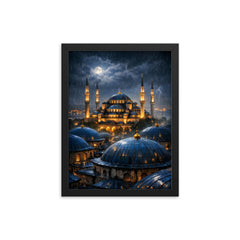 Sultan Ahmed night rain over blue domes framed print on a plain backdrop in size 12"x16".