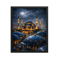 Sultan Ahmed night rain over blue domes framed print on a plain backdrop in size 16"x20".
